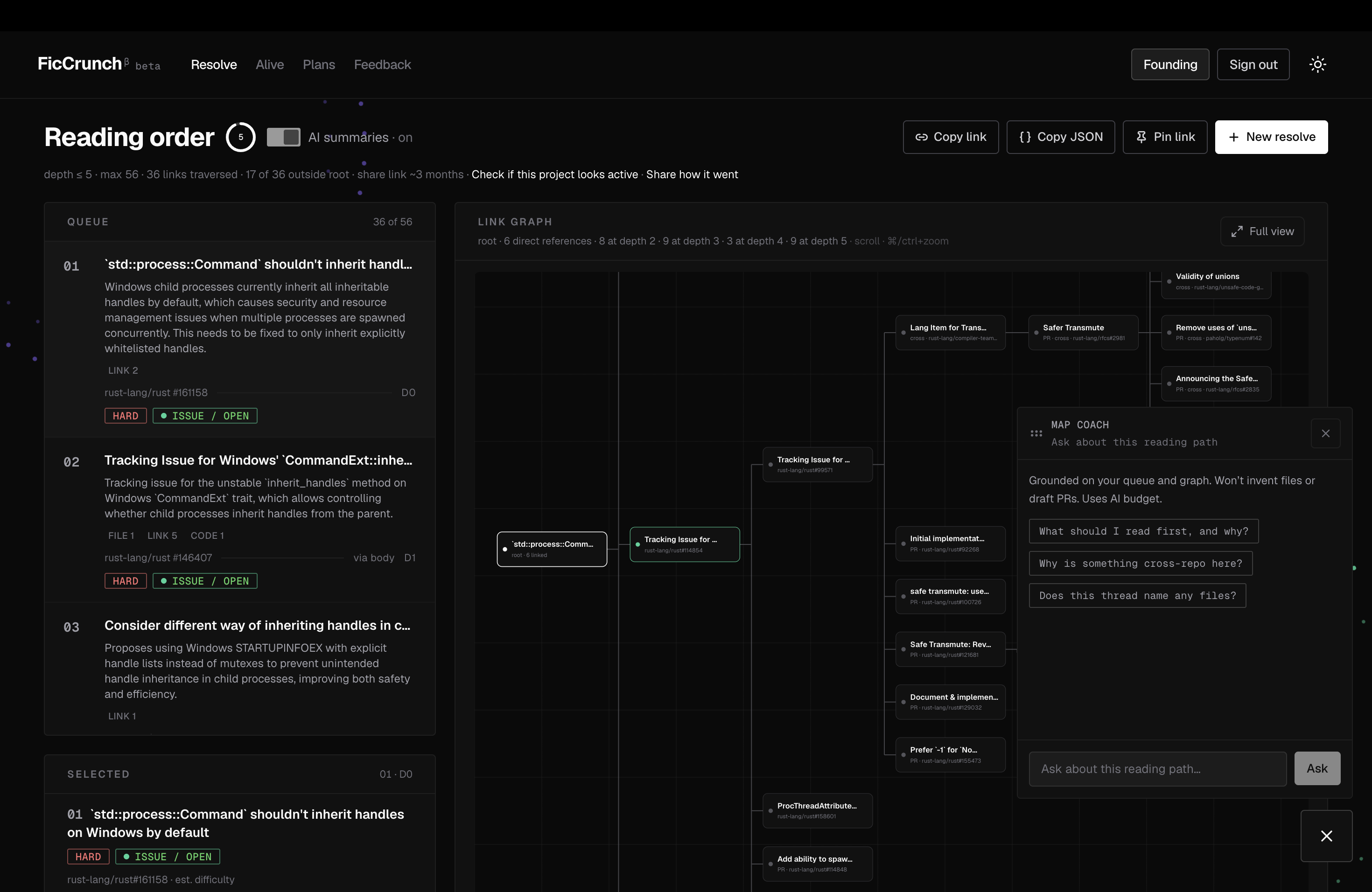 FicCrunch resolve — reading order, link graph, and map coach